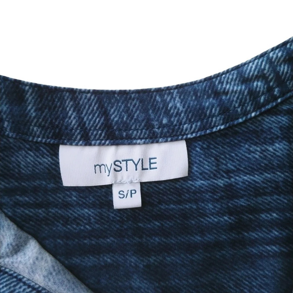 MyStyle  Faux Blue Jean Blouse Stretch Blue Tones S - Picture 8 of 9